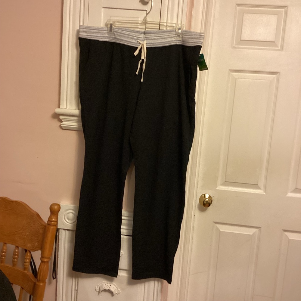 Hanes Black Lounge Pants with Striped Gray Waistband